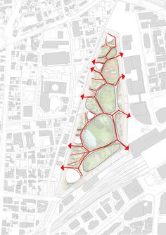 a map with red arrows pointing to different areas in the area and on top of it