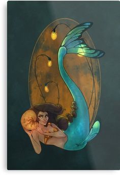 a painting of a mermaid sitting on the back of a blue bird with lights in it's wings