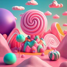 an image of a candy land scene with lollipops