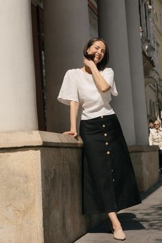 Linen skirt with buttons. Made of medium weight premium European linen.  * fits true to size * A line cut * coconut buttons for the black skirt and mother-of-pearl buttons for the lavender skirt * the model in the black skirt images is 1.72m tall and wears size M * the model in the lavender skirt photos is 1.72m tall and wears size S. Size chart for choosing the right size according to your waist (cm):  XS  58-63 cm / 22.8 - 24.8 in S  63-68 cm / 24.8 in - 26.7 in M  68-74 cm / 26.7 - 29.1 in L Relaxed Linen Skirt With Button Closure, Elegant Relaxed Maxi Skirt With Button Closure, Summer Workwear Skirt With Side Buttons, Elegant Relaxed Maxi Skirt With Buttons, Elegant Linen Skirt For Day Out, Elegant Maxi Skirt With Button Closure For Summer, Elegant Buttoned Flared Maxi Skirt, Elegant Flared Maxi Skirt With Buttons, Elegant Summer Maxi Skirt With Buttons