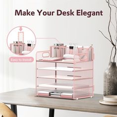 the desk organizer is pink and has compartments for pens, papers, and other items