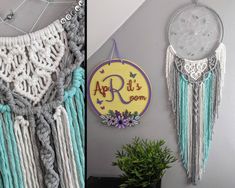 there are two pictures of the same wall hangings, one is made with yarn and the other has a sign that says it's room