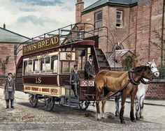 an old fashioned trolley car with two horses pulling it down the street and people standing outside