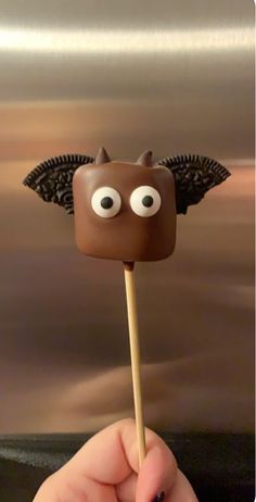 a hand holding a chocolate candy with eyes and wings on it's stick in front of a cloudy sky