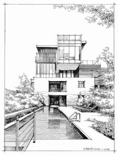 an architectural drawing of a house with water and trees in the foreground, as well as a walkway leading up to it