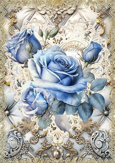 a painting of blue roses on a white and gold background with ornate border around the edges