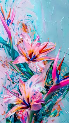 an abstract painting of pink and blue flowers