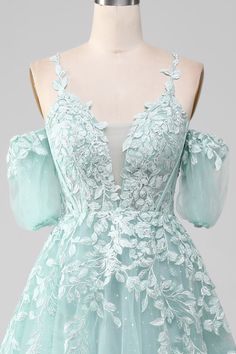 Mint Ball-Gown Off The Shoulder Beaded Prom Dresses With Appliques