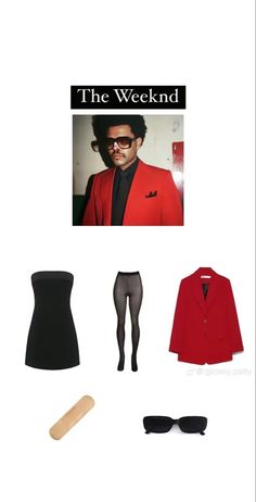 a woman's outfit and accessories including a red jacket, black dress shirt, tights and sunglasses