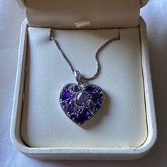 Sterling Silver Purple Heart Necklace. Never Worn. Purple Heart Locket, Purple Heart Jewelry, Purple Heart Necklace, Crystal Locket, Prom Ideas, Witch Outfit, Idea Design, Purple Heart, Heart Locket