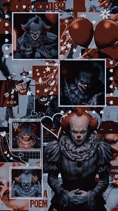 a collage of clowns and balloons in black and white with red highlights on them