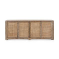 the sideboard is made out of rattan and has three doors on each side