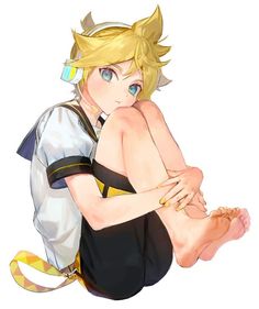 an anime character with blonde hair and blue eyes sitting on the ground, holding his arm around