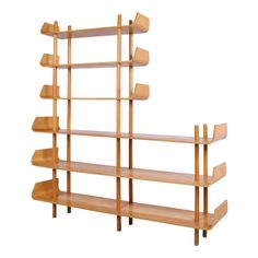 a wooden shelf with four shelves on each side