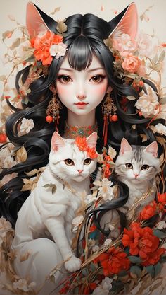 a woman with long hair and two cats in front of her, surrounded by flowers