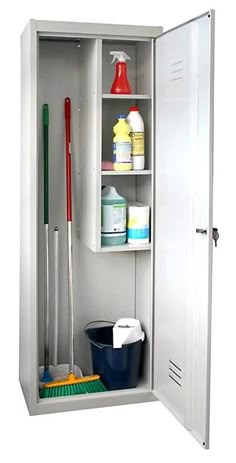 an open storage cabinet with cleaning supplies in it