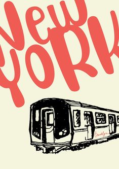 a drawing of a subway train with the words new york written in red on it