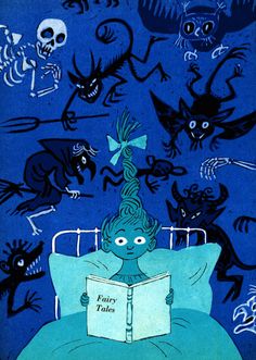 an illustration of a woman reading a book in bed with monsters flying around her head