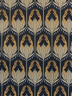 an art deco wallpaper with gold and black designs on the sides, depicting two hands reaching for each other