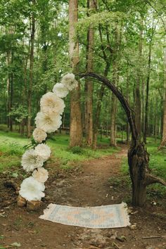 an arch made out of branches and flowers in the woods with a rug on the ground