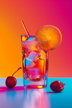 an orange slice sitting on top of a glass filled with ice and water next to two cherries