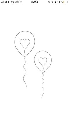 two balloons with hearts hanging from them on a white sheeted paper, one has a balloon in the shape of a heart