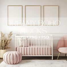 a baby's room with pink furniture and posters on the wall