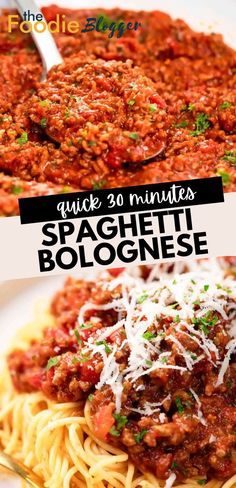 spaghetti bologini with sauce and parmesan cheese on top