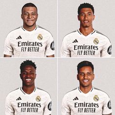 four pictures of the same soccer player in different poses, each with their own name and number