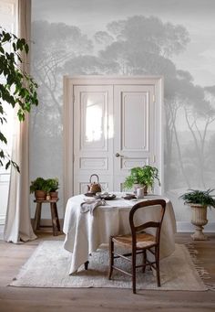 a dining room with a table, chairs and potted plants on the rugs