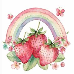 three strawberries with leaves and flowers near a rainbow