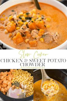 slow cooker chicken and sweet potato chowder with text overlay that reads slow cooker chicken and sweet potato chowder