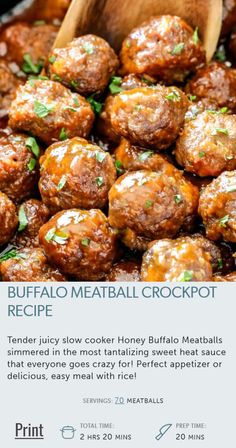 the recipe for buffalo meatball crockpot is shown with a wooden spoon in it