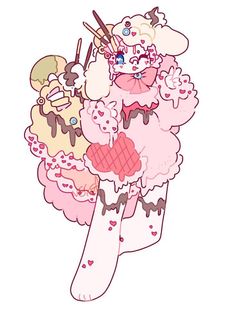 a pink cupcake with lots of toppings on it's face and legs