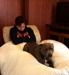 a person sitting on a bed with a dog