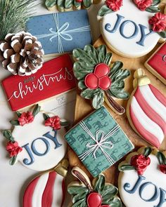 decorated cookies are arranged on a table