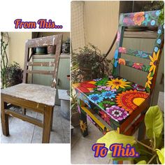 an old wooden chair with flowers painted on it and the words, from this to this