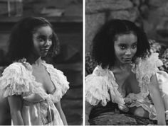 two different pictures of a woman with very large breast and short hair, one in white dress