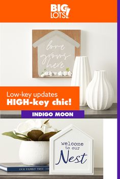 the homepage for big lots is displayed with two vases and a house sign