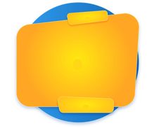 two yellow tags attached to a blue circle on a white background with space for text