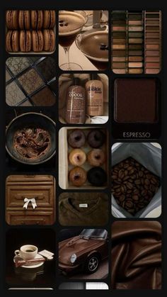 the collage shows different types of chocolates, donuts, and coffee beans