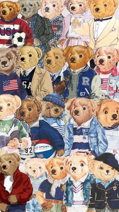 a collage of teddy bears wearing jackets and sweaters, all in different colors