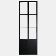 an open glass door with black frame and side panels on the outside, against a white background