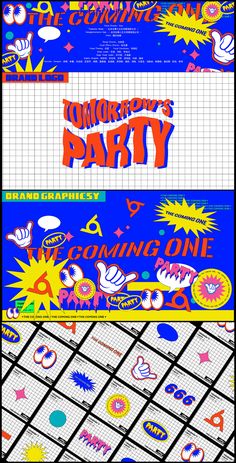 an image of two colorful banners with the words party on them and cartoon characters in different colors