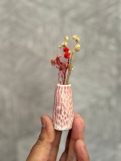 a hand holding a small vase with flowers in it's center, on a gray background