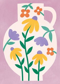 a painting of flowers in a vase on a pink background