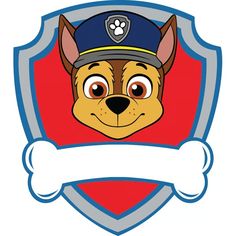 a cartoon dog wearing a police hat and holding a bone in front of a shield