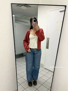 Jeans And A Sweater Outfit, Fun Sweater Outfits, Winter Thrift Outfits, Mary Janes Outfit Jeans, Red Accent Outfit, First Date Outfit Fall, Emmy Red Carpet, Emmys Red Carpet, Outfits Simple