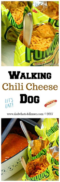 an advertisement for a chili cheese dog with the words walking chili cheese dog on it