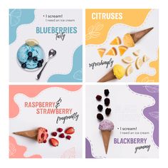 four different flavors of ice cream and desserts are shown in three separate images with the words blueberries fairy, raspberry strawberry